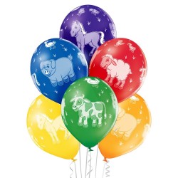 "Fermu dzīvnieki" 12"/30 cm lateksa baloni  6 gab. Pastelis: 011 Koši Zaļš, 117 Koši Dzeltens, 007 Oranžs, 101 Sarkans, 153 Koši