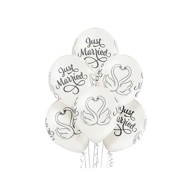 Just Married gulbji – 30 cm. kāzu baloni 6 gab., balts perlamutrs; druka: 1 krāsa(s) / 5 puses