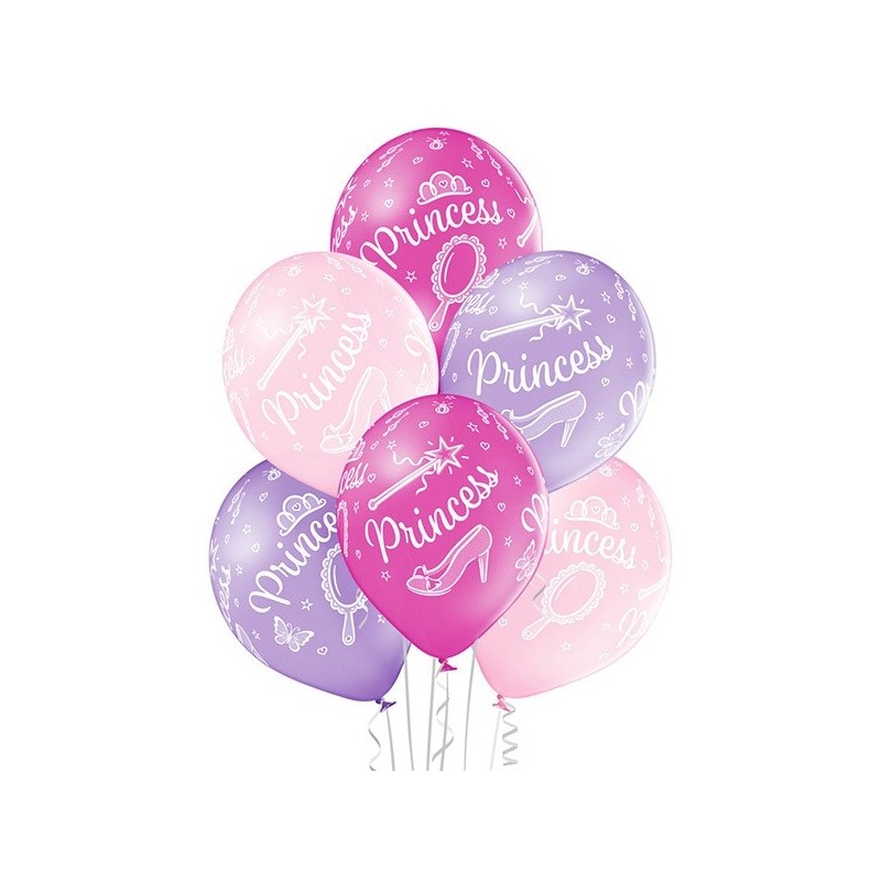 Princese – 30 cm. baloni 6 gab., pastelis: gaiši rozā, gaiši violets, tumši rozā; apdruka 1 krāsā / 5 pusēs.
