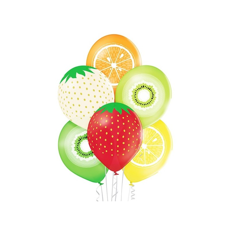 Augļi – 30 cm. baloni 6 gab., pastelis: dzeltens, oranžs zaļš ābols, laims, sarkans un vanils. apdruka 1 krāsā / 5 pusēs