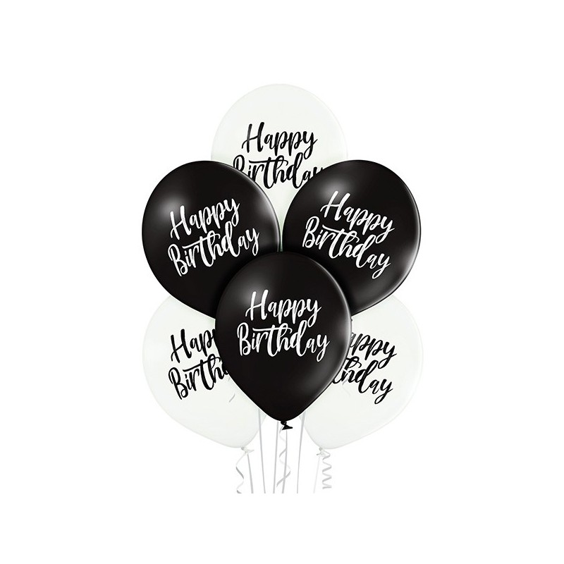 Happy Birthday – шары диаметром 30 cm, 6 шт.  Пастель черные и белые, одноцветный рисунок с 2-х сторон шара