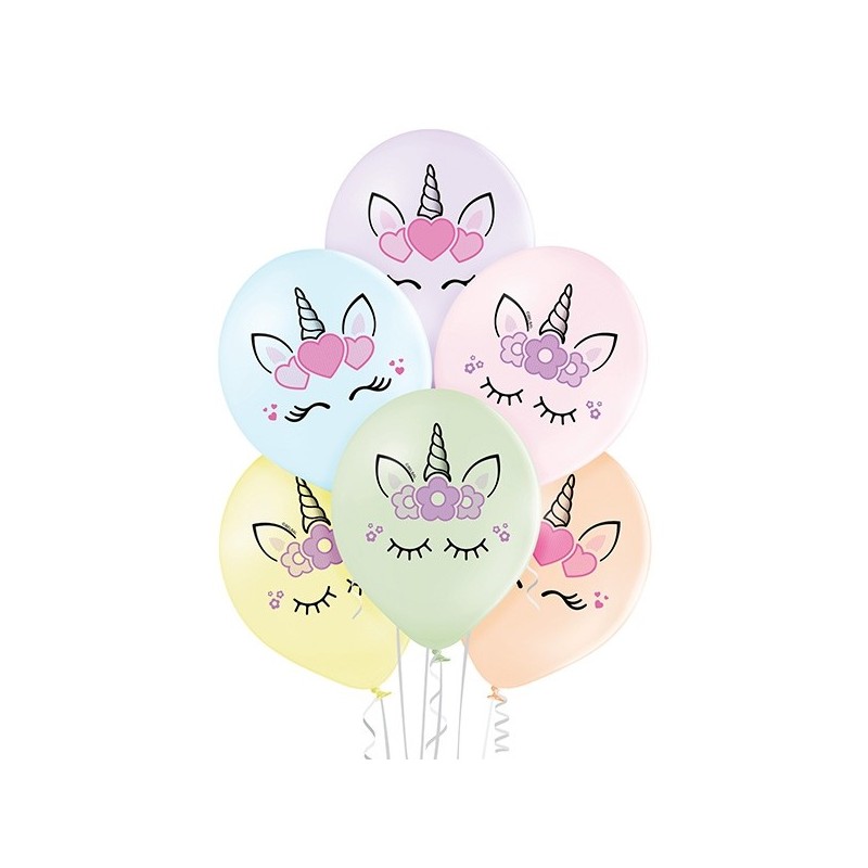 Vienradži – 30 cm. baloni 6 gab., pastelis: maigas "makarūnu" krāsas,  apdruka 2 krāsās / 2 pusēs