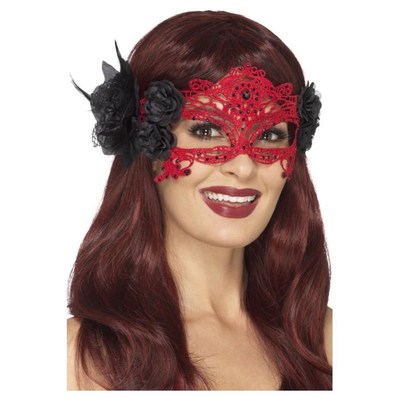 Кружевная маска с розами, красная с черным
