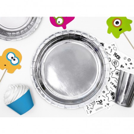 Papīra šķīvji 23 cm, apaļie, sudraba, 6 gab. 