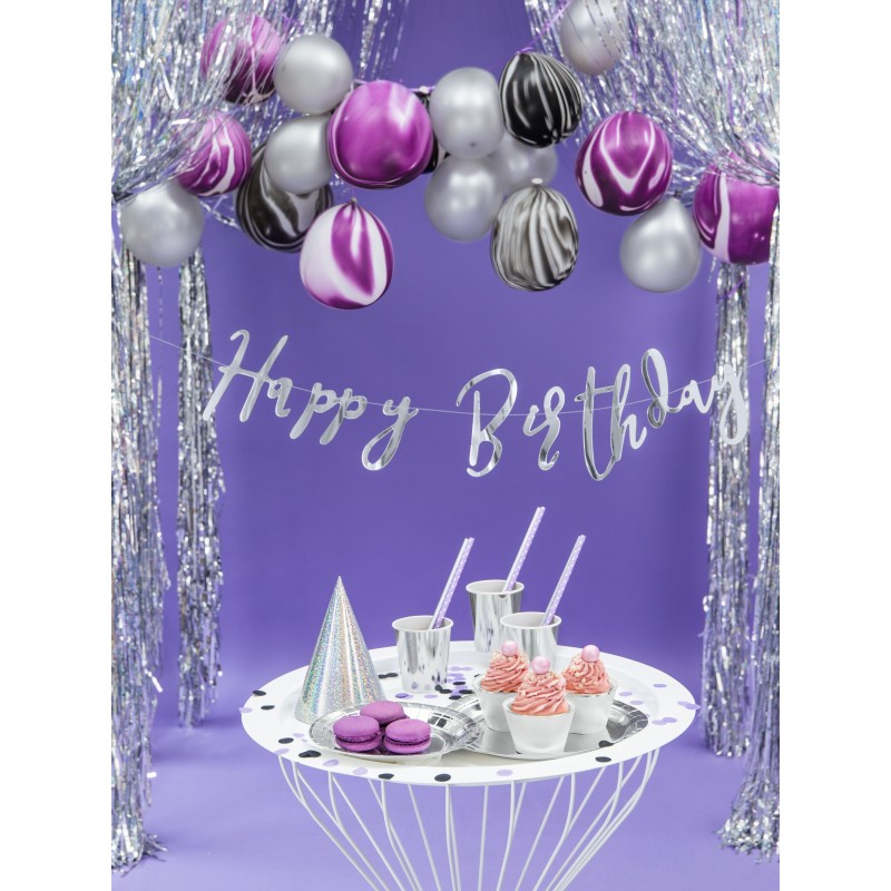Burtu baneris “Happy Bithday”, sudrabs, 16x62 cm, laminēts papīrs  