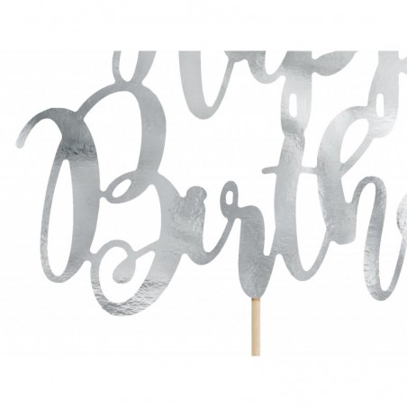 Tortes toperis “Happy Bithday”, sudrabs, 22,5 cm, laminēts papīrs  