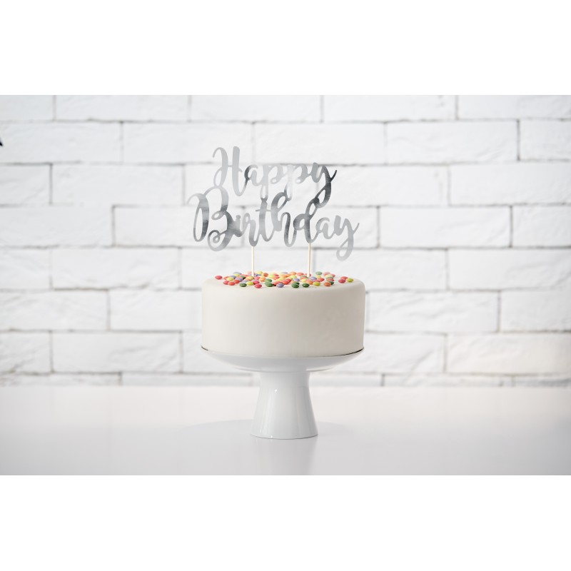 Tortes toperis “Happy Bithday”, sudrabs, 22,5 cm, laminēts papīrs  