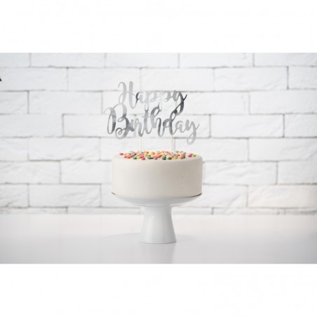 Tortes toperis “Happy Bithday”, sudrabs, 22,5 cm, laminēts papīrs  