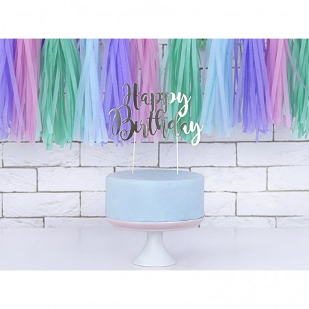 Tortes toperis “Happy Bithday”, sudrabs, 22,5 cm, laminēts papīrs  