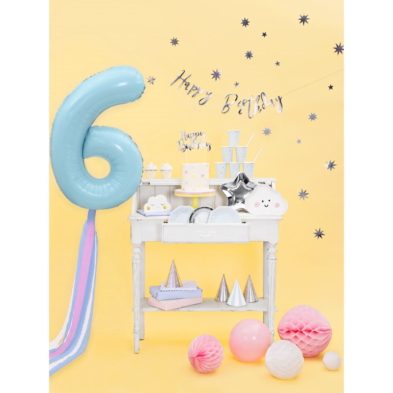 Tortes toperis “Happy Bithday”, sudrabs, 22,5 cm, laminēts papīrs  