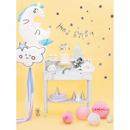 Tortes toperis “Happy Bithday”, sudrabs, 22,5 cm, laminēts papīrs  