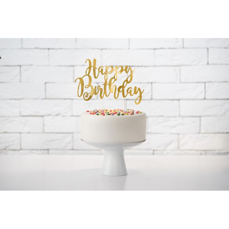 Tortes toperis “Happy Bithday”, zelts, 22,5 cm, laminēts papīrs  