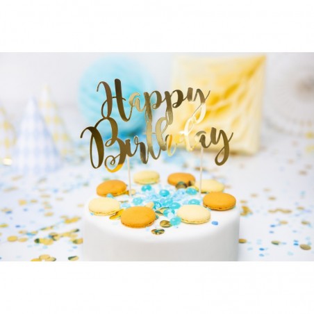 Tortes toperis “Happy Bithday”, zelts, 22,5 cm, laminēts papīrs  