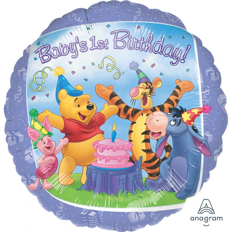Folijas balons “1. dzimšanas diena – Vinnijs Pūks un draugi”, 43 cm, piepūšams ar hēliju 