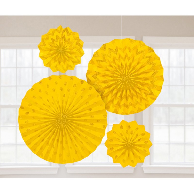 Dekoratīvi papīra vēdekļi, dzelteni ar spīdumu, komplektā 2x20cm, 1x30cm, 1x41cm 