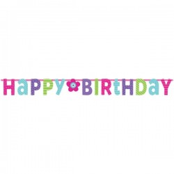 Burtu baneris Happy Birthday, rozā ar puķīti  3.35m x 31.7cm