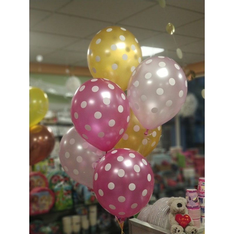 Punktaini baloni - 30 cm. baloni, 6 gab.,  perlamutra krāsas meitenēm – zelta, fuksija, rozā.