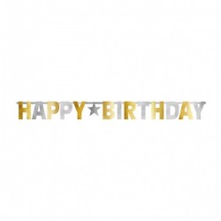 Burtu baneris Happy Birthday, sudrabs un zelts, 3.35m x 31.7cm 