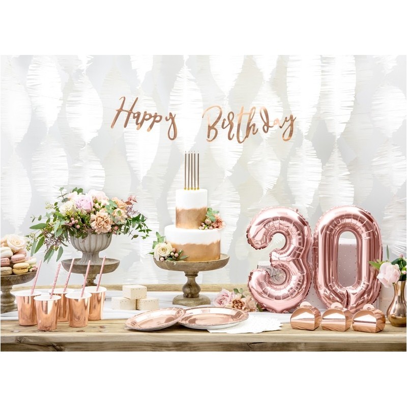 Burtu baneris “Happy Bithday”, rozā zelts, 16x62 cm, laminēts papīrs  