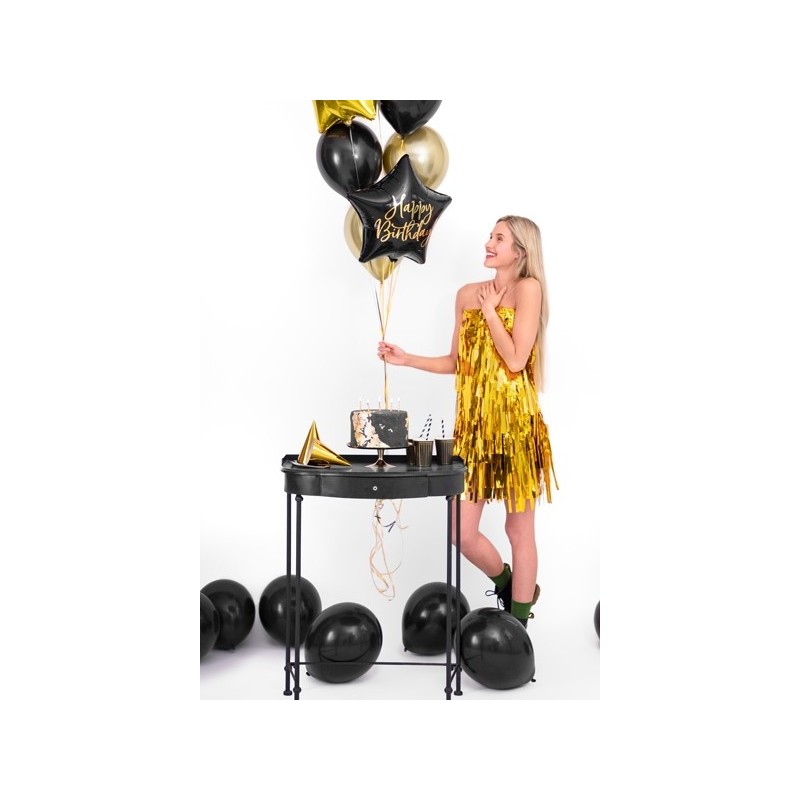 Folija balons Dzimšanas dienai – Melna ar zeltu zvaigzne Happy Birthday – 43cm, piepūšams ar hēliju vai gaisu 