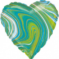 Standard Marblez Blue Green Heart Foil Balloon S18 Packaged
