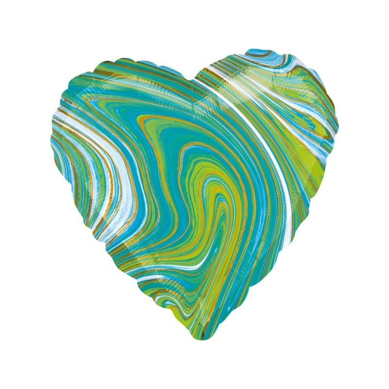 Standard Marblez Blue Green Heart Foil Balloon S18 Packaged
