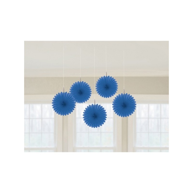 5 Fan Decorations Bright Royal Blue Paper 15.2 cm