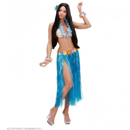 HAWAIIAN SKIRT WITH FLOWER BELT - blue color - 78 cm 