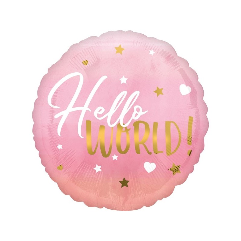 Folija balons “Hello World” bērna piedzimšanai, rozā, 43cm, S40