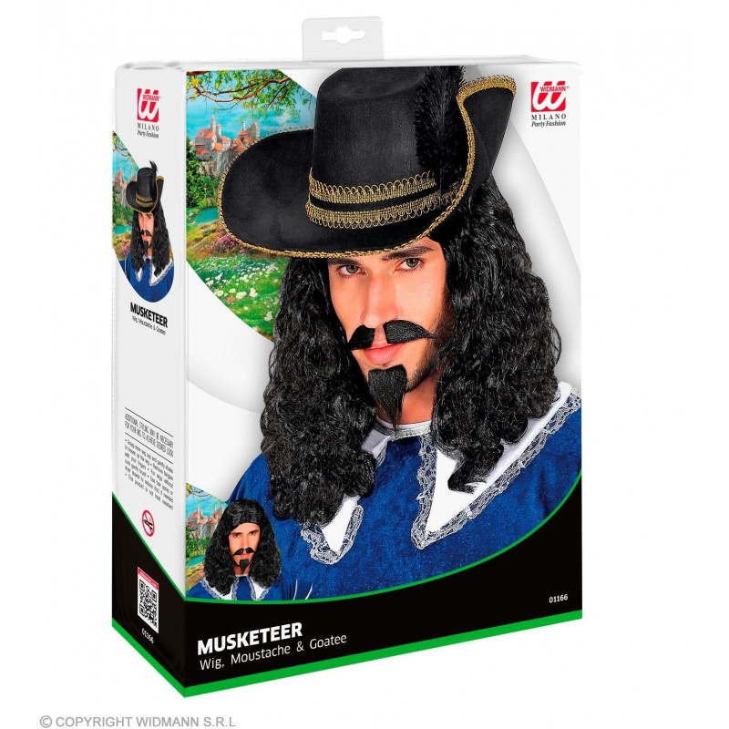 Musketiera parūka, ūsas un barda melnā krāsā 