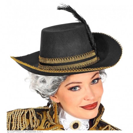 Musketiera cepure ar spalvu un zelta apdari, filca, pieaugušajiem 