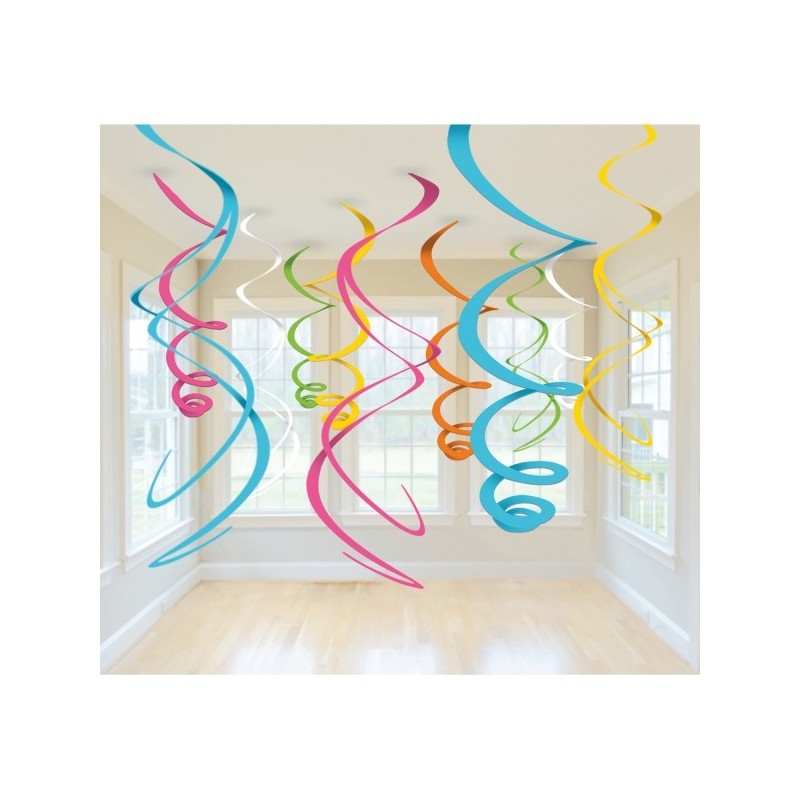 Piekaramās spirālveida folijas dekorācijas, 12 gab, varaviksnes krāsas, 55.8 cm 