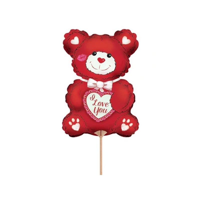 Folijas gaisa balons "Mīļu Tevi lācis, sarkans ar baltu", 30 x 20 cm,  lietojams ar kociņu (nav komplektā)
