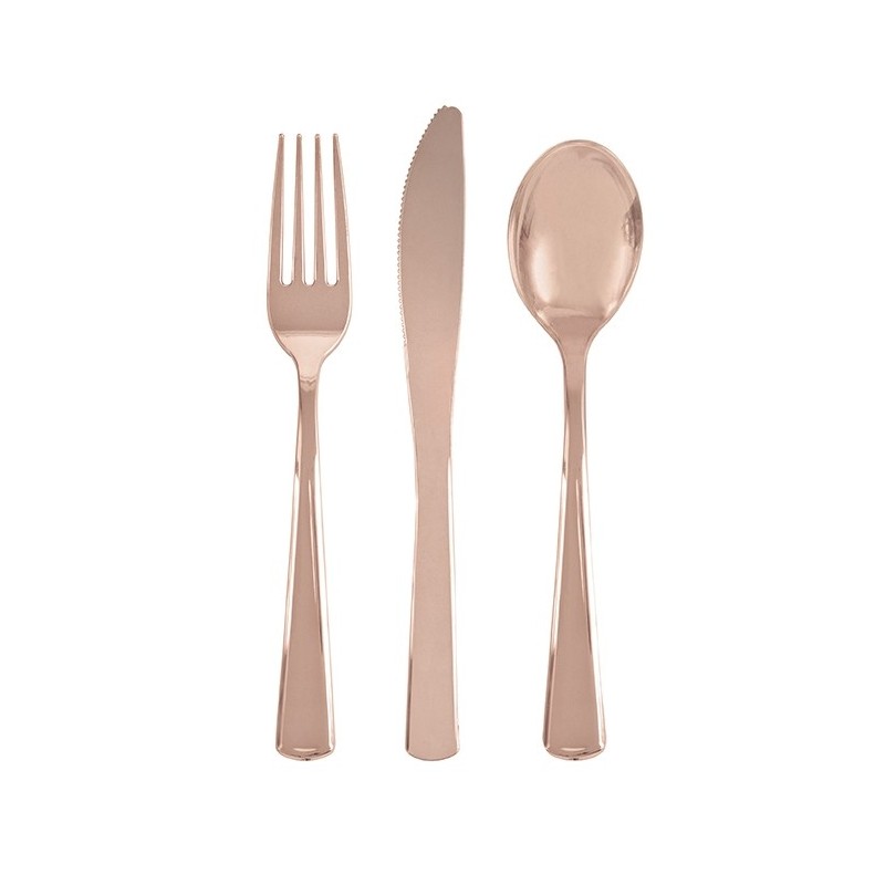 Galda piederumi metālika rozā zelta krāsā, 18 gab. plastmasas.(6 dakšas, 6 karotes, 6 naži) 