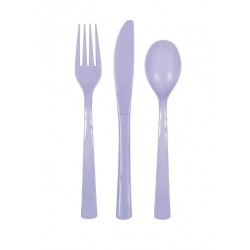 Galda piederumi gaiši lillā, 18 gab. plastmasas.(6 dakšas, 6 karotes, 6 naži) 