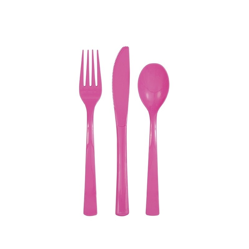 Galda piederumi rozā, 18 gab. plastmasas.(6 dakšas, 6 karotes, 6 naži) 