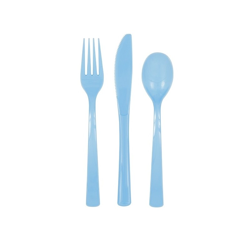 Galda piederumi gaiši zili, 18 gab. plastmasas.(6 dakšas, 6 karotes, 6 naži) 