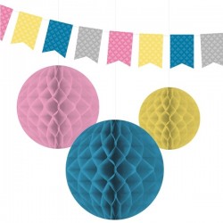 Dekorāciju komplekts "Princese un bruņinieks" - 1 karodziņu virtene 4 m, 3 šūnu bumbas 14/18/22 cm 