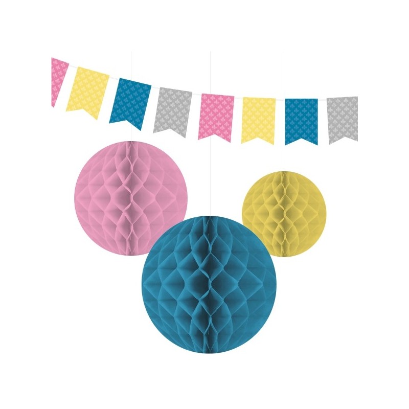 Dekorāciju komplekts "Princese un bruņinieks" - 1 karodziņu virtene 4 m, 3 šūnu bumbas 14/18/22 cm 