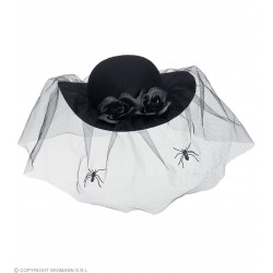 Мини шляпка черная с  вуалью, цветами и пауком
