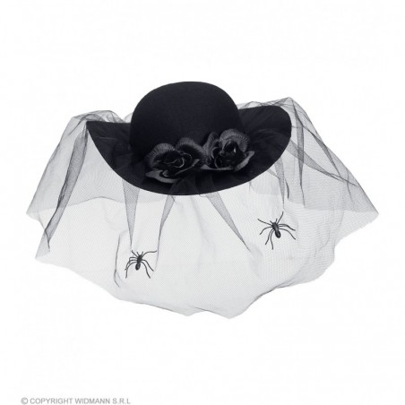 Мини шляпка черная с  вуалью, цветами и пауком