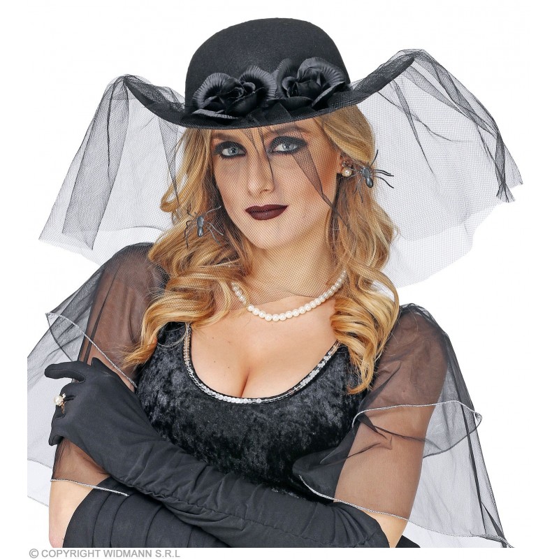 Мини шляпка черная с  вуалью, цветами и пауком