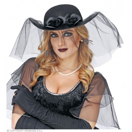 Мини шляпка черная с  вуалью, цветами и пауком