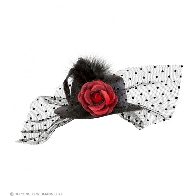 MINI CEPURE ar sarkanu rozi, plīvuru un spalvām, melna