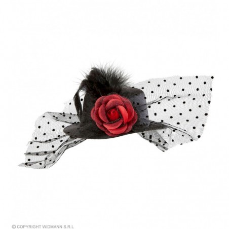 MINI CEPURE ar sarkanu rozi, plīvuru un spalvām, melna