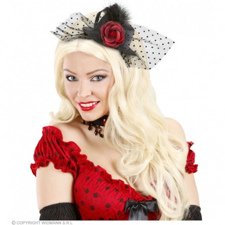 MINI CEPURE ar sarkanu rozi, plīvuru un spalvām, melna