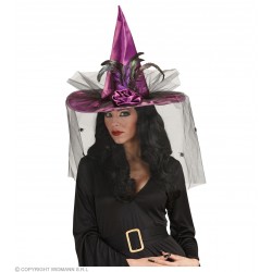 Шляпа ведьмы, фиолетовая, с вуалью с пауками, цветами и перьями