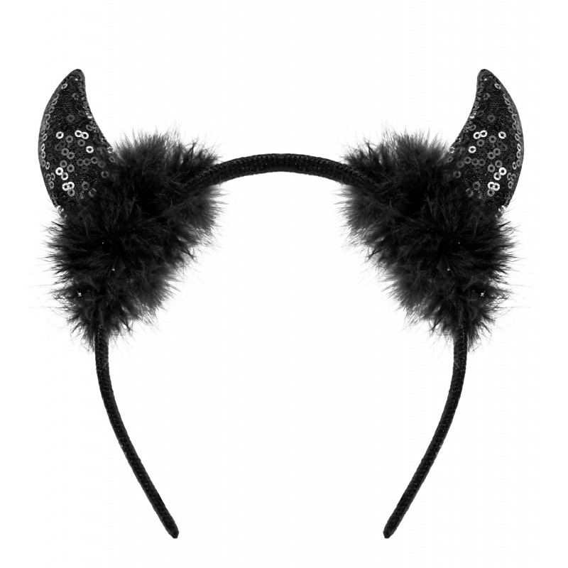 Черные рожки с пухом и пайетками 