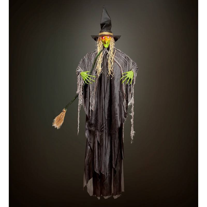 Украшение на Хэллоуин ВЕДЬМА, со звуковым датчиком, метлой, мигающими светодиодными глазами и злым смехом, 240 см.  