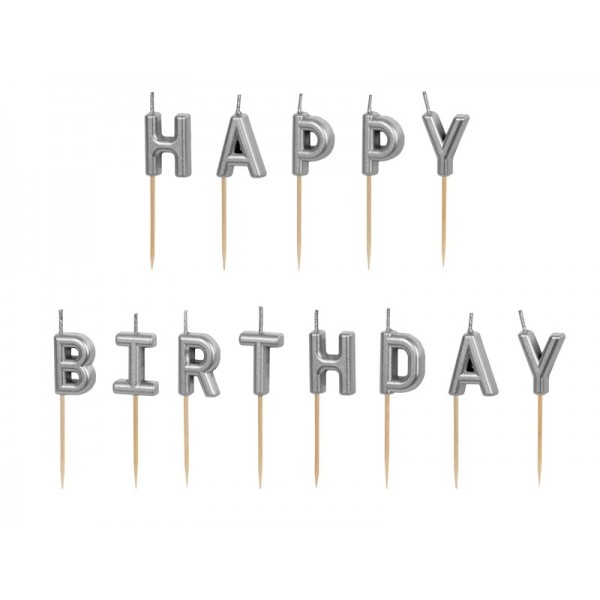 Dzimšanas dienas sveces “Happy Birthday”, 2,5 cm, sudraba
